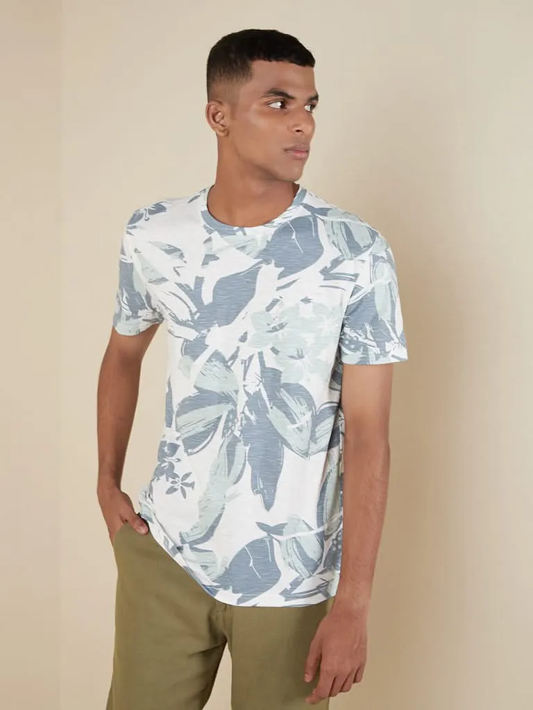 ETA Blue Floral-Printed Slim-Fit T-Shirt