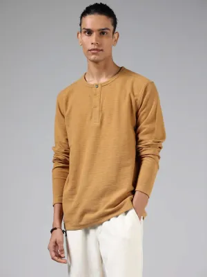 ETA Mustard Henley Neckline Cotton Slim-Fit T-Shirt