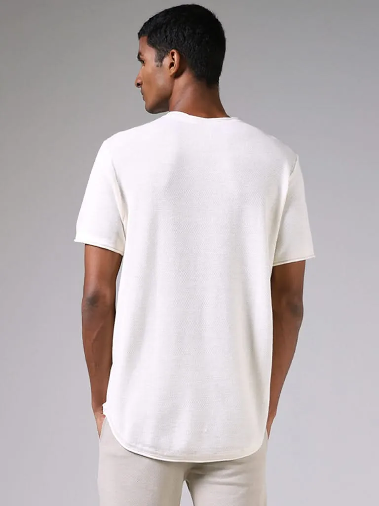 ETA Off White Knitted Solid Slim-Fit T-Shirt