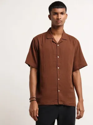 ETA Solid Brown Cotton Relaxed Fit Shirt