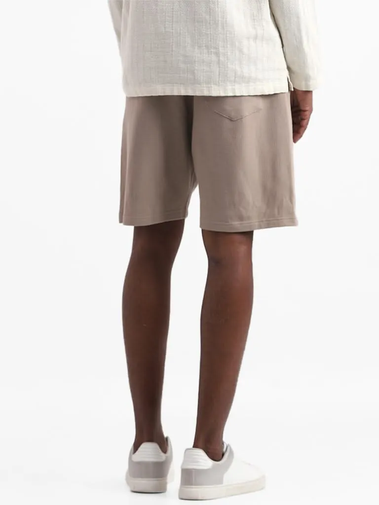 ETA Taupe Solid Cotton Slim-Fit Mid-Rise Shorts