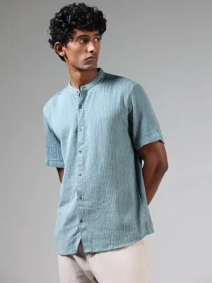 ETA Teal Blue Striped Cotton Resort-Fit Shirt