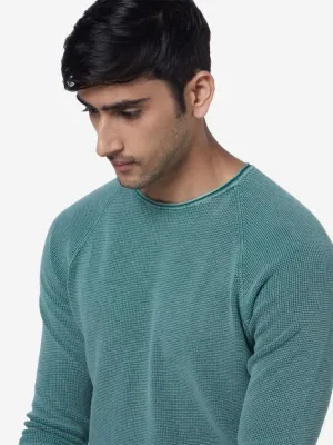 ETA Teal Self-Textured Slim-Fit Sweater