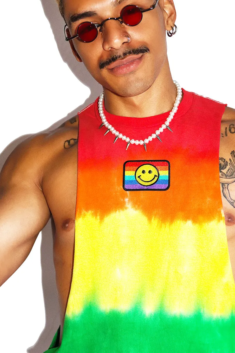 Eternally Happy Rainbow Tye Dye Low Arm Tank-Multi