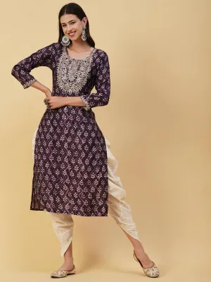 Ethnic & Chevron Batik Printed Mirror, Zari & Sequins Embroidered Kurta - Dark Mauve