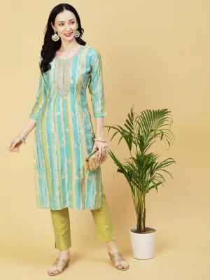 Ethnic & Stripes Foil Printed & Embroidered Straight Fit Kurta - Blue