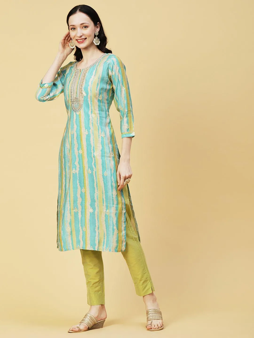 Ethnic & Stripes Foil Printed & Embroidered Straight Fit Kurta - Blue