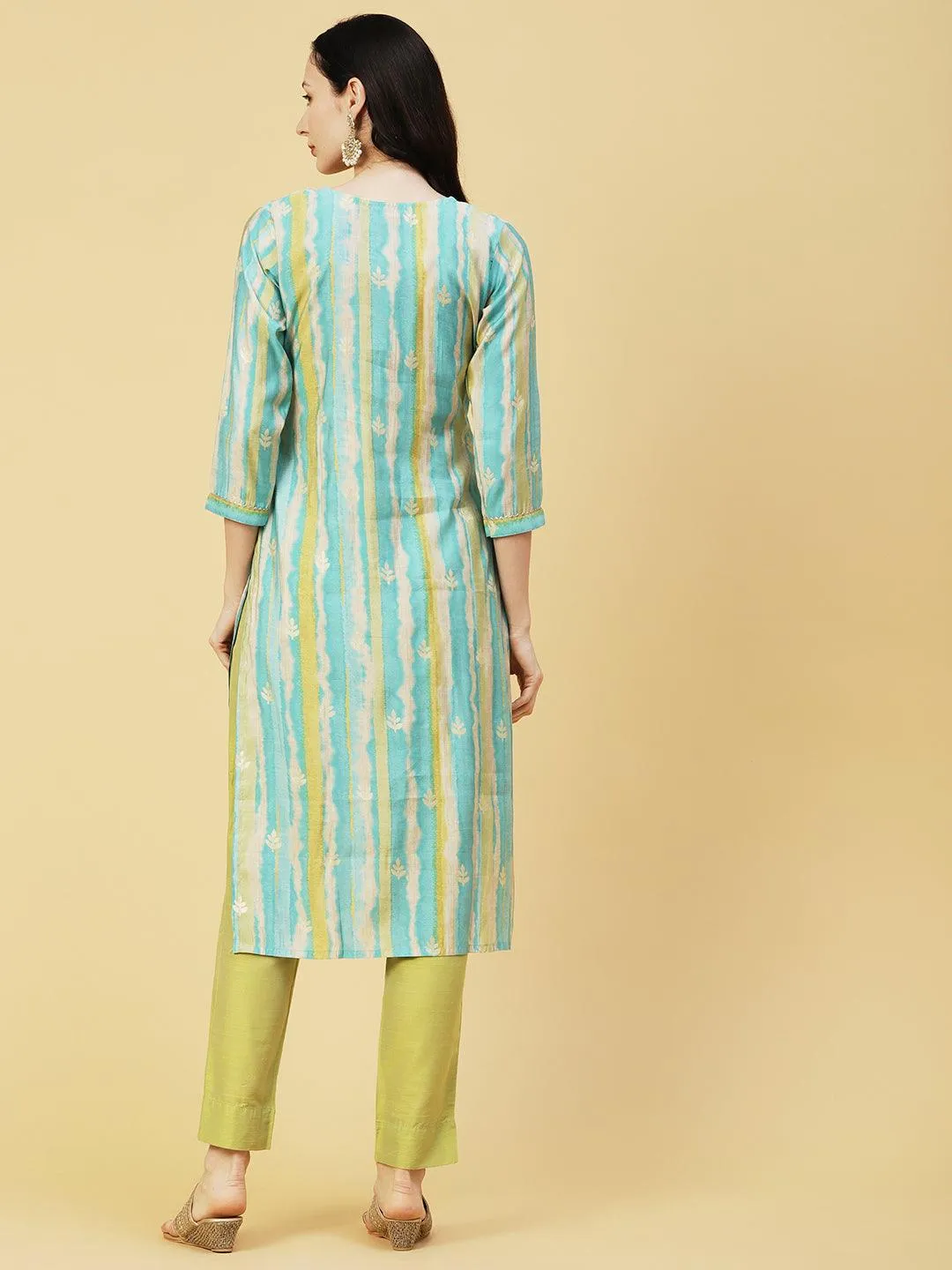 Ethnic & Stripes Foil Printed & Embroidered Straight Fit Kurta - Blue