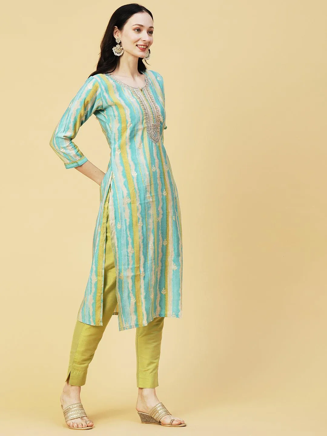 Ethnic & Stripes Foil Printed & Embroidered Straight Fit Kurta - Blue