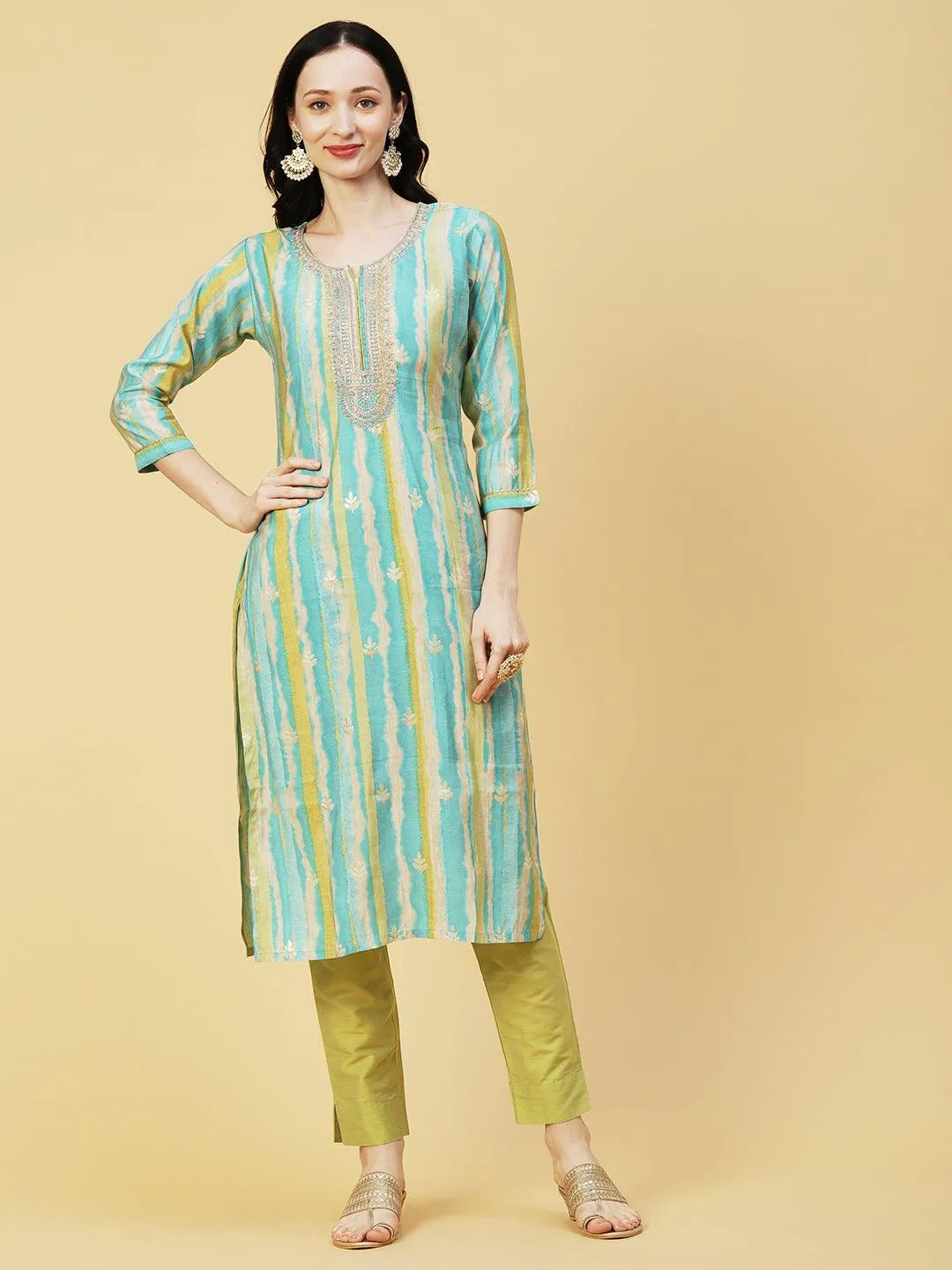 Ethnic & Stripes Foil Printed & Embroidered Straight Fit Kurta - Blue