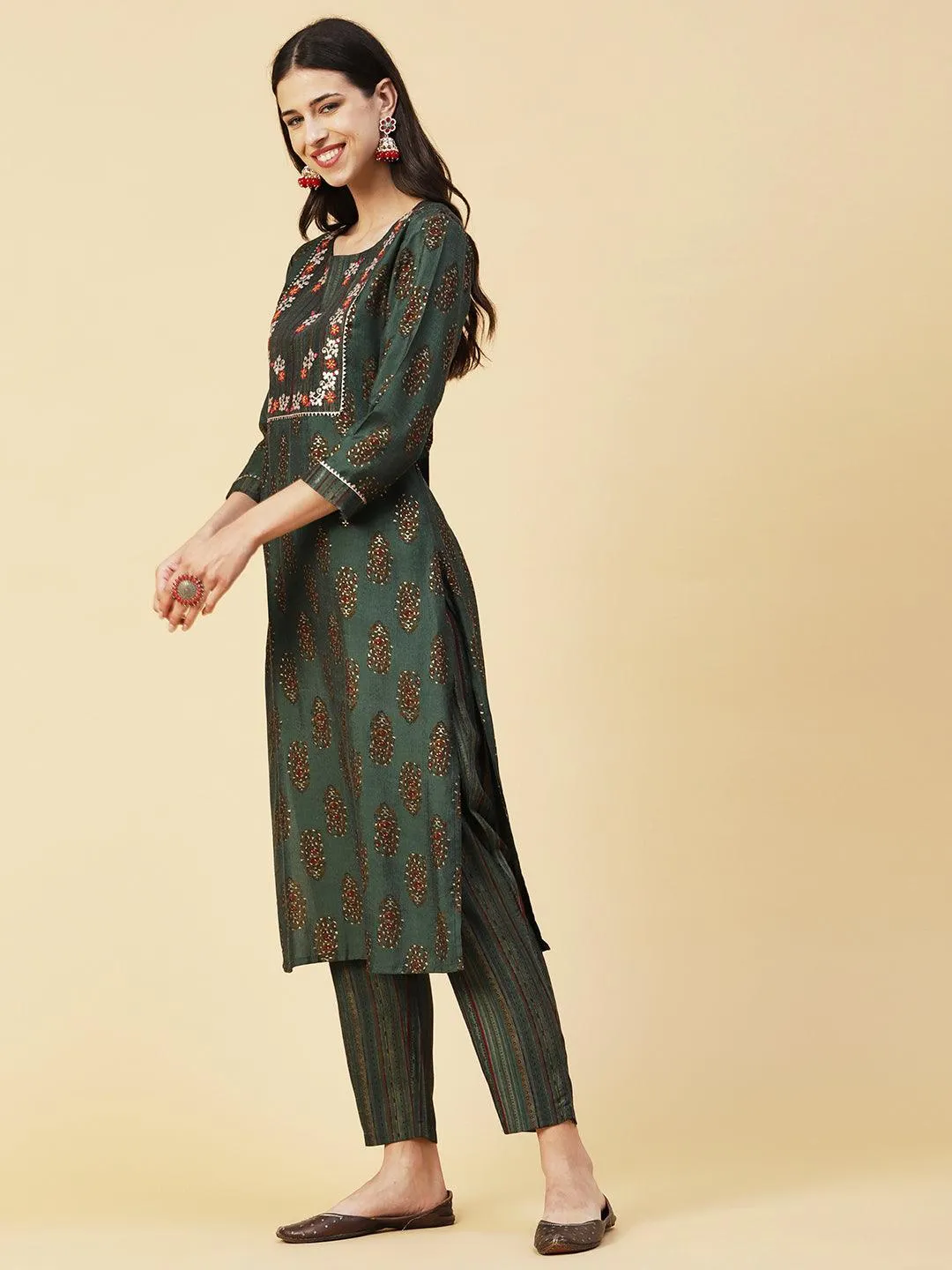 Ethnic Block Printed Mirror & Zari Embroidered Kurta With Striped Pants - Dark Green