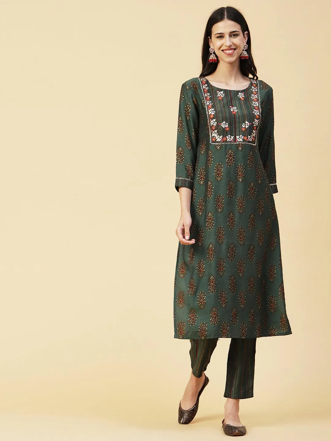 Ethnic Block Printed Mirror & Zari Embroidered Kurta With Striped Pants - Dark Green