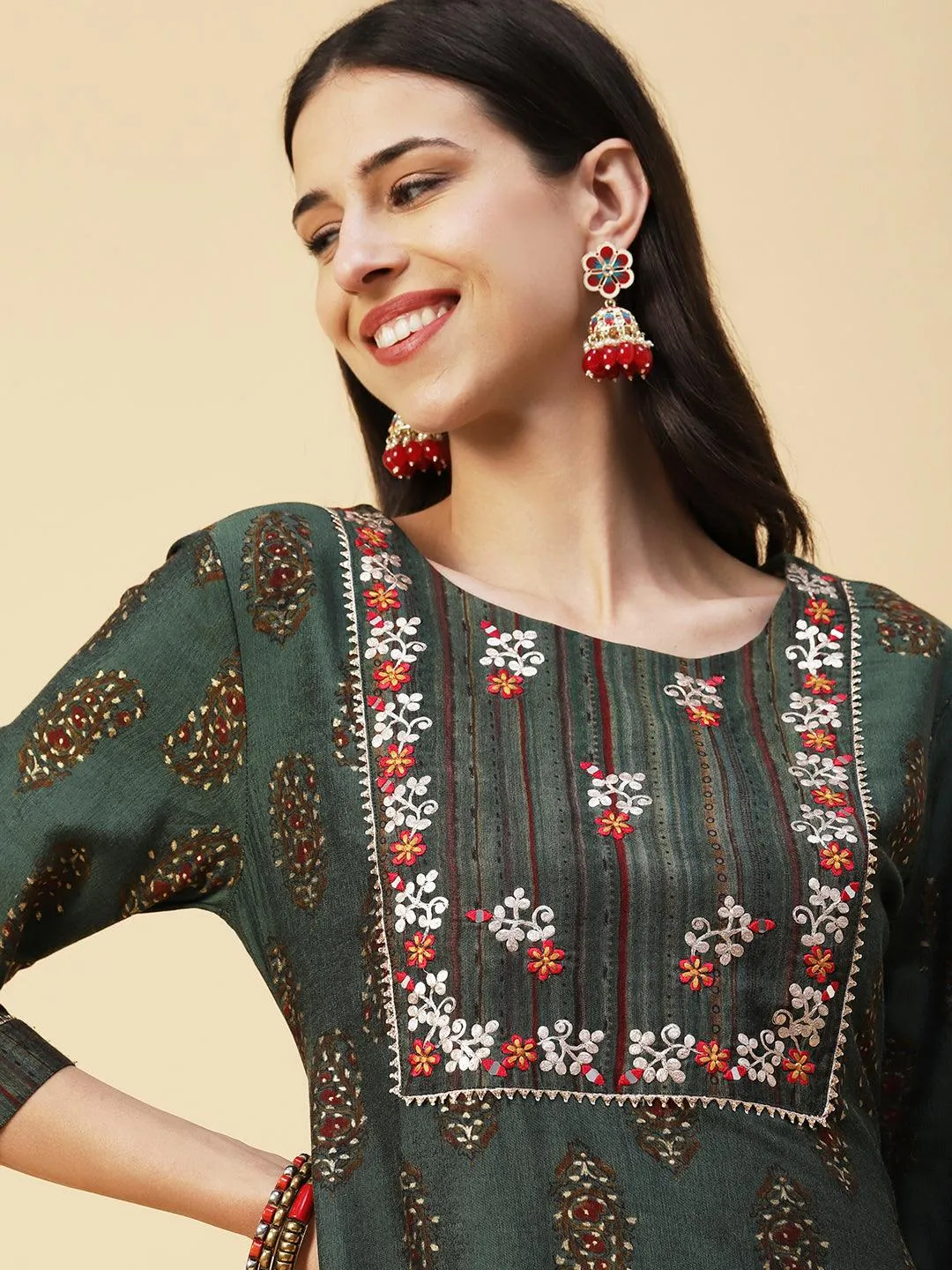 Ethnic Block Printed Mirror & Zari Embroidered Kurta With Striped Pants - Dark Green