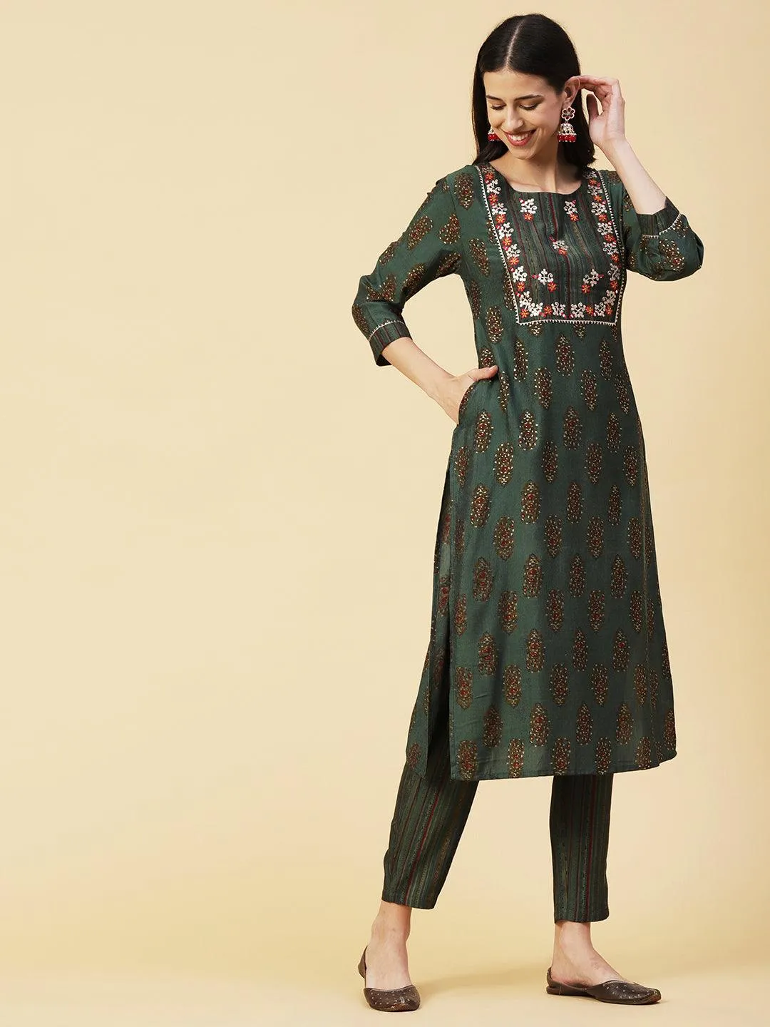 Ethnic Block Printed Mirror & Zari Embroidered Kurta With Striped Pants - Dark Green