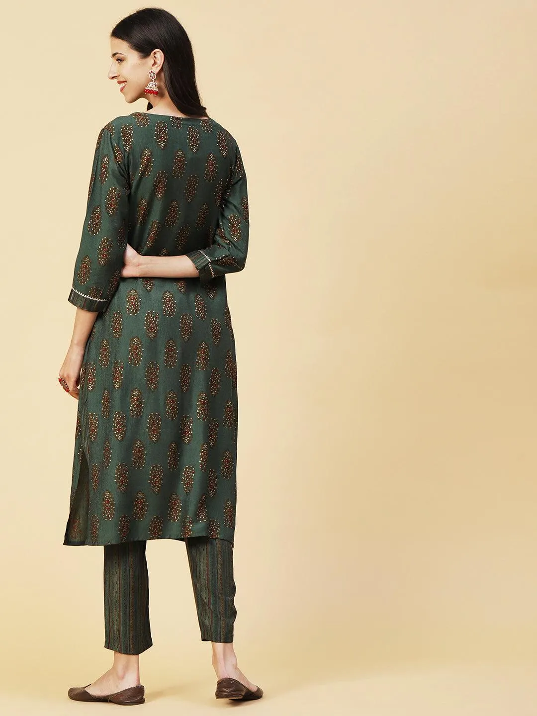 Ethnic Block Printed Mirror & Zari Embroidered Kurta With Striped Pants - Dark Green