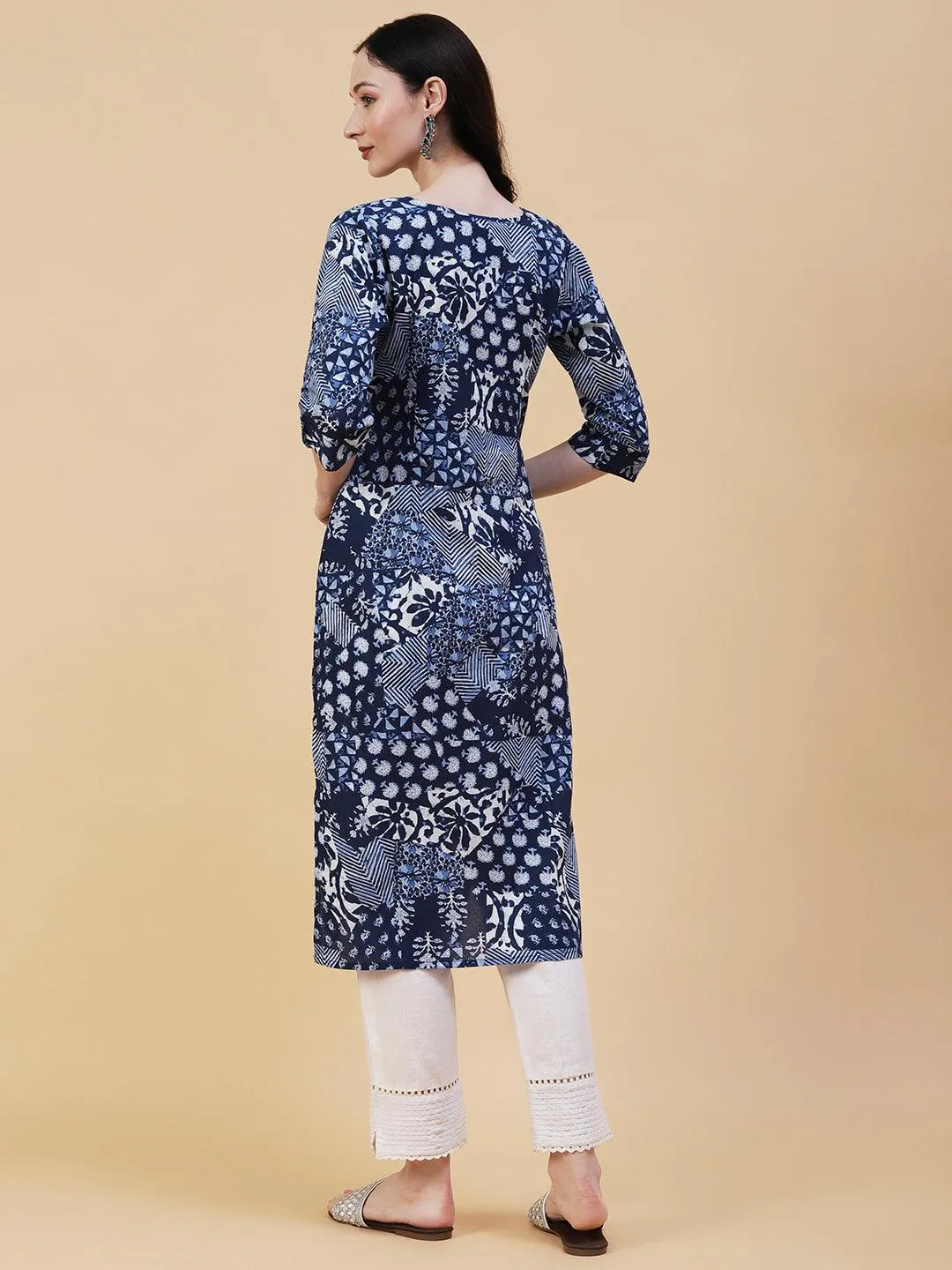 Ethnic, Floral & Abstract Block Printed Kurta - Blue