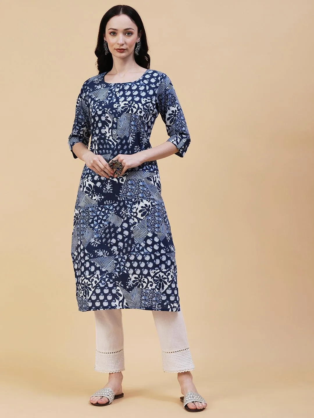 Ethnic, Floral & Abstract Block Printed Kurta - Blue