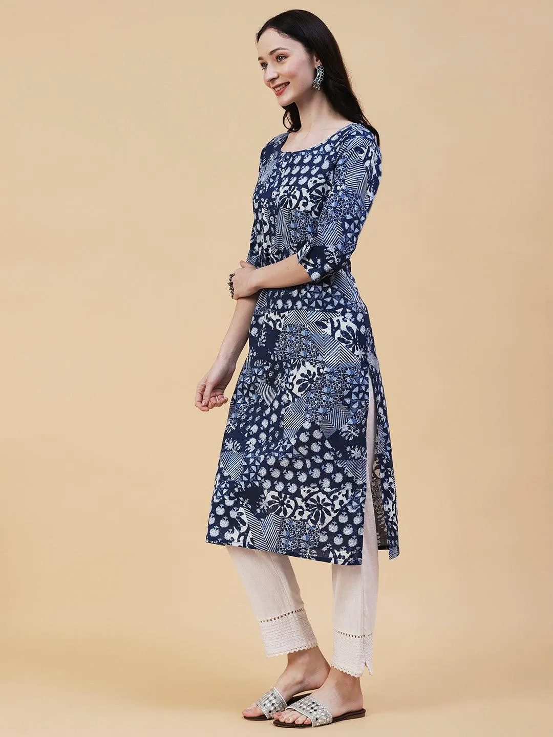 Ethnic, Floral & Abstract Block Printed Kurta - Blue