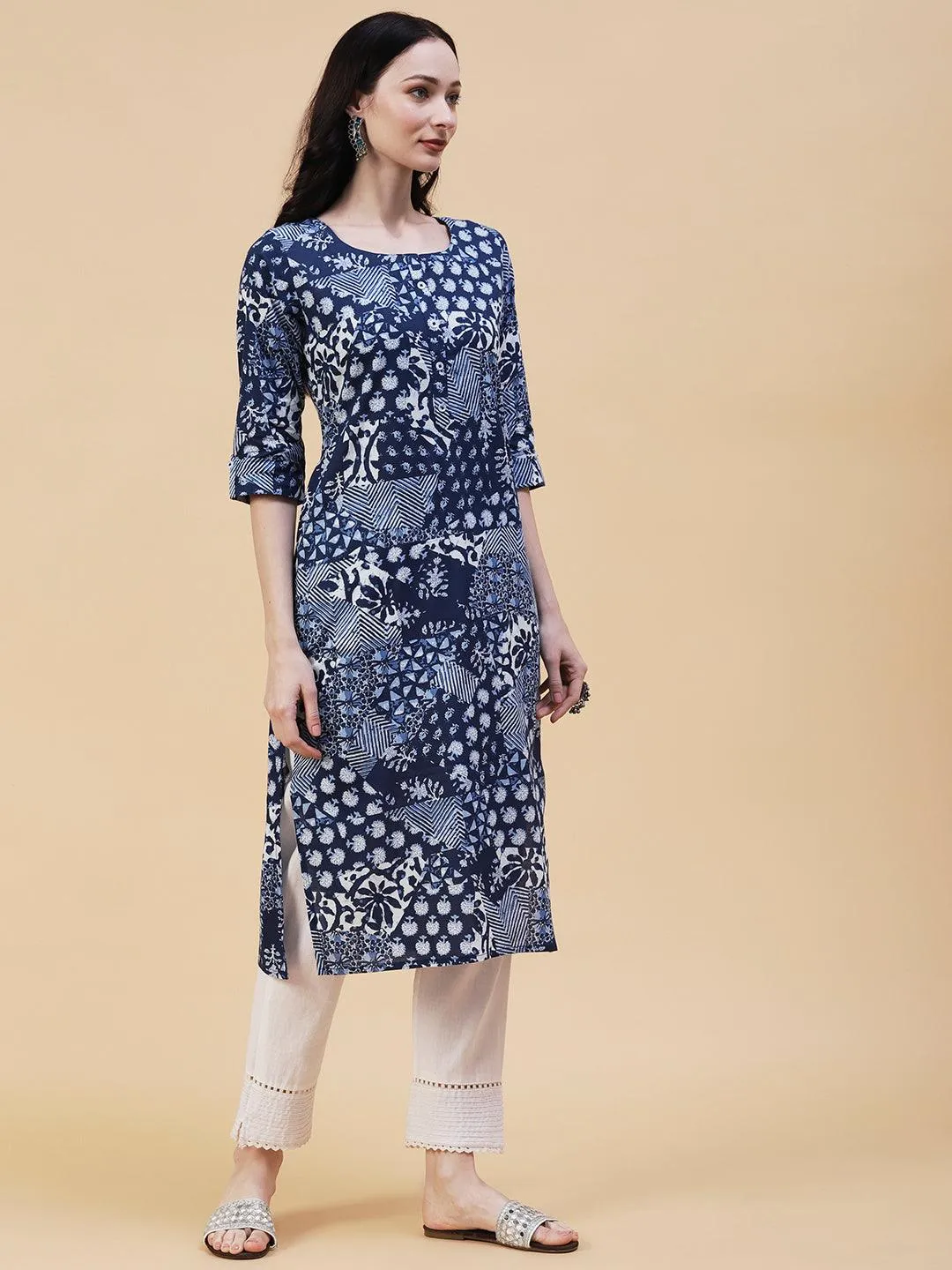 Ethnic, Floral & Abstract Block Printed Kurta - Blue