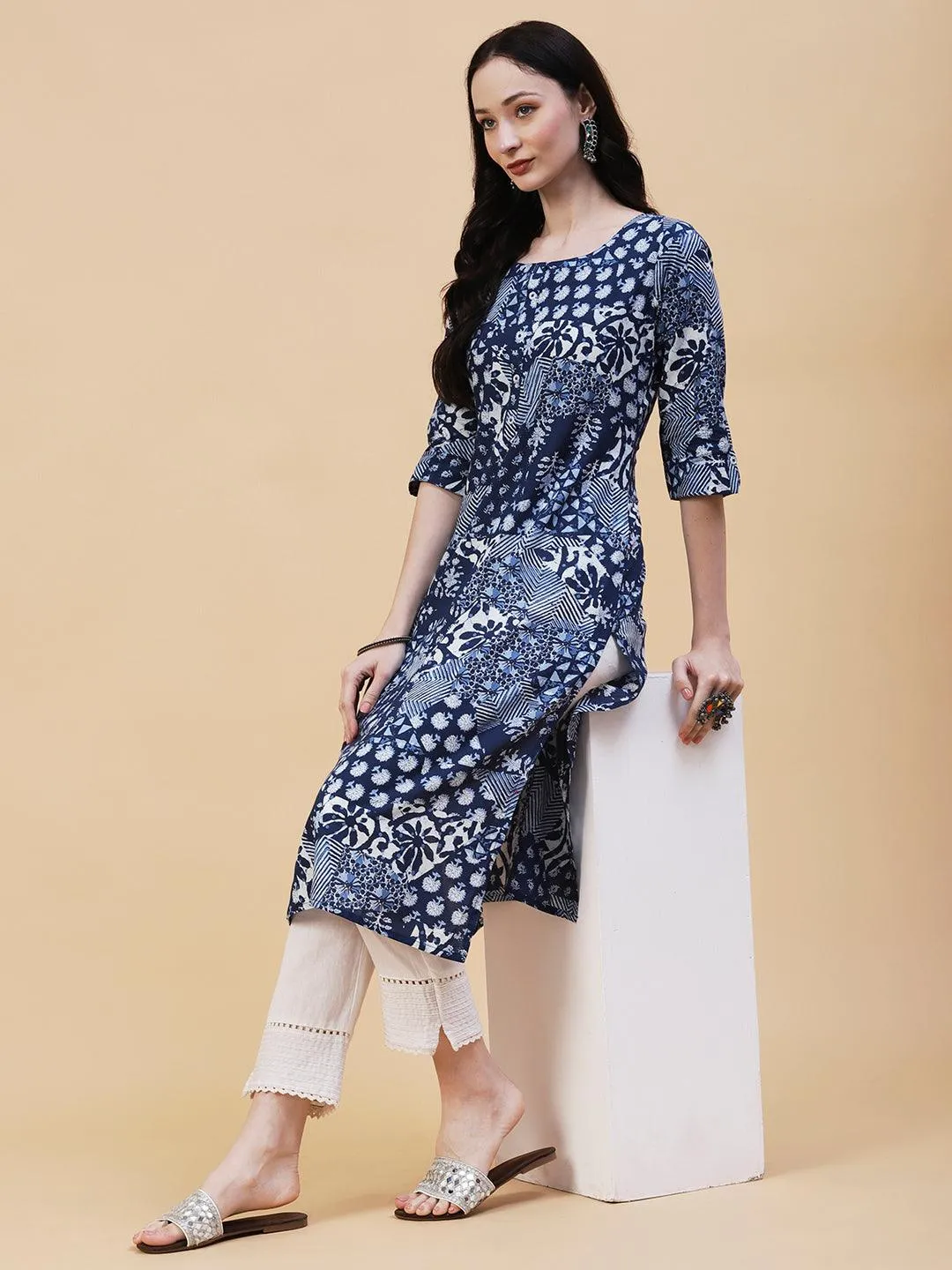 Ethnic, Floral & Abstract Block Printed Kurta - Blue