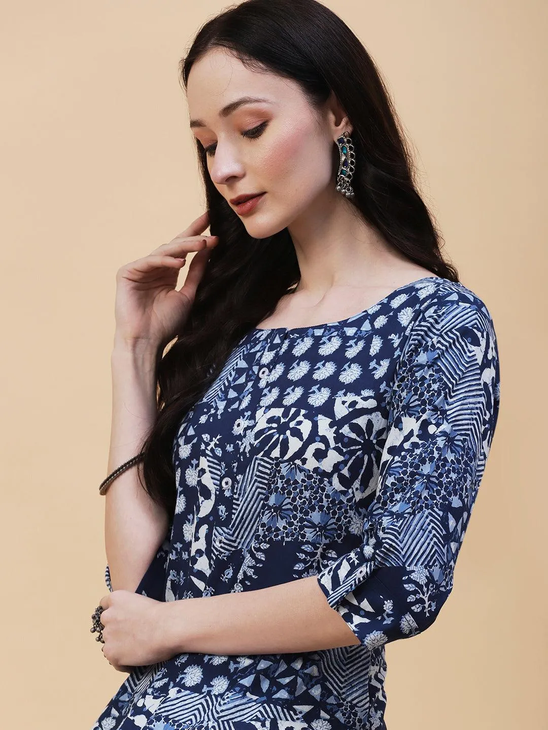 Ethnic, Floral & Abstract Block Printed Kurta - Blue