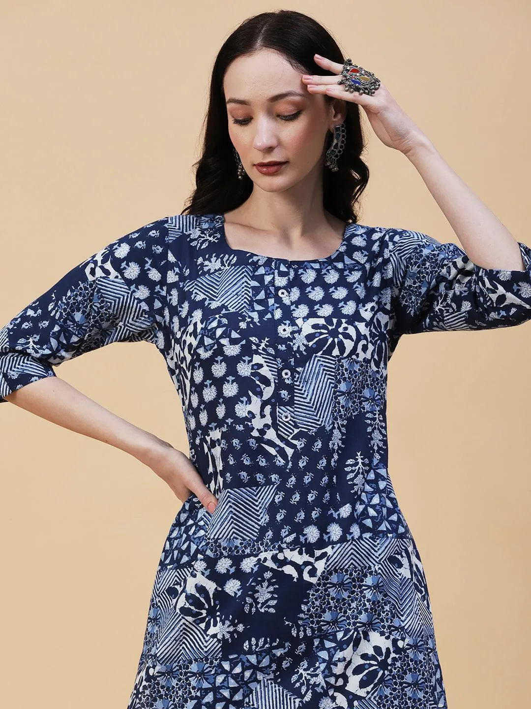 Ethnic, Floral & Abstract Block Printed Kurta - Blue