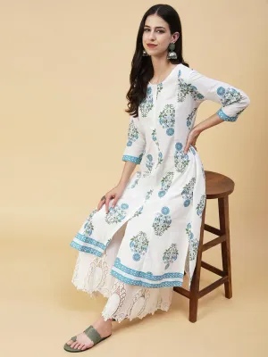 Ethnic Floral Boota Printed A-Line Paneled Kurta - White