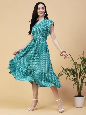 Ethnic Floral Printed Fit & Flare Midi Dress - Turquoise Blue