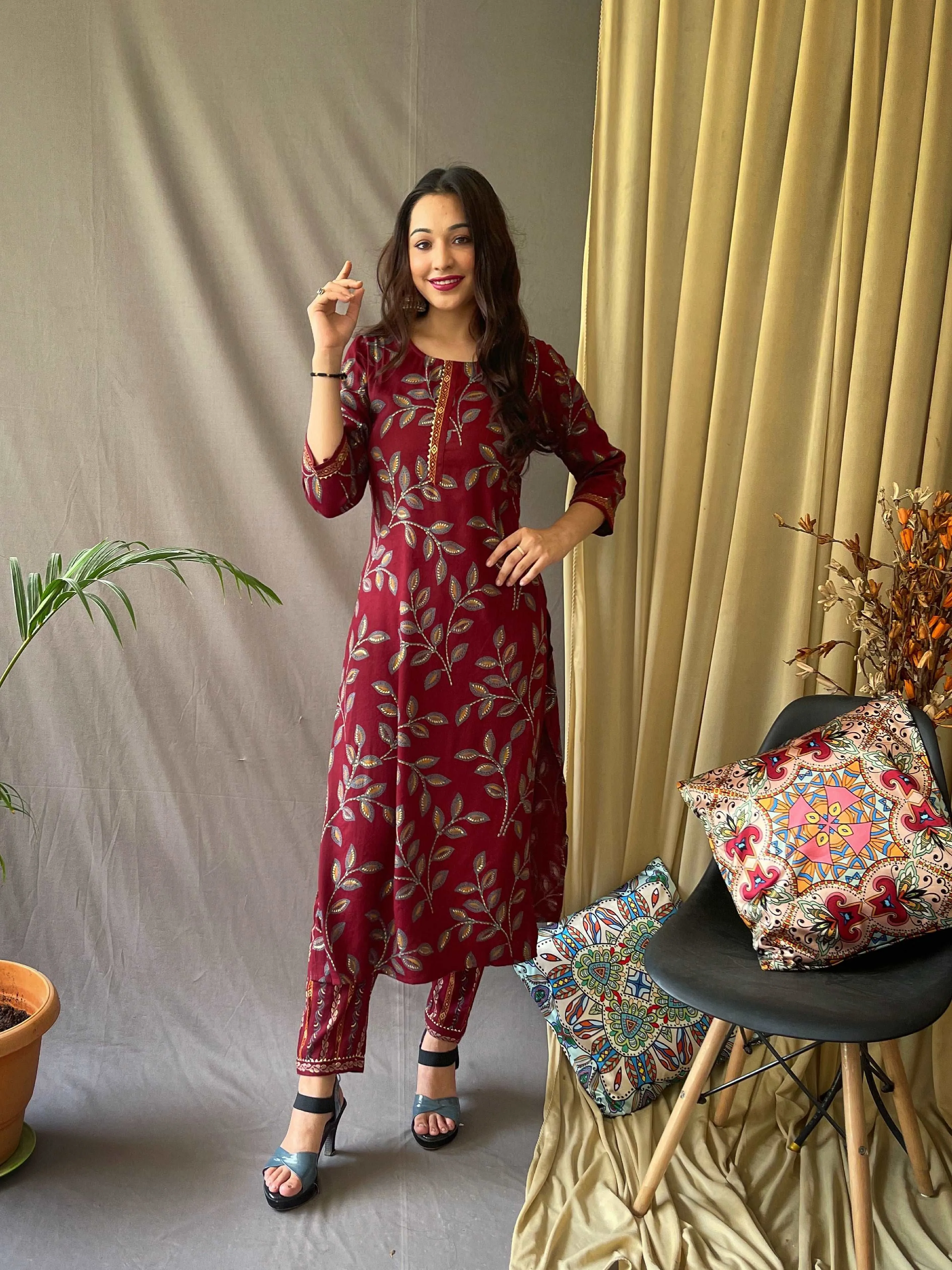 Ethnic Floral Printed Maroon Kurti in Cotton with Pant