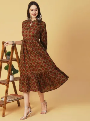 Ethnic Geometric Printed & Embroidered A-Line Fit & Flare Midi Dress - Rust