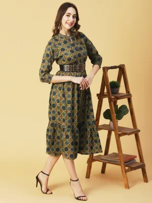 Ethnic Geometric Printed & Embroidered A-Line Fit & Flare Midi Dress - Sea Green