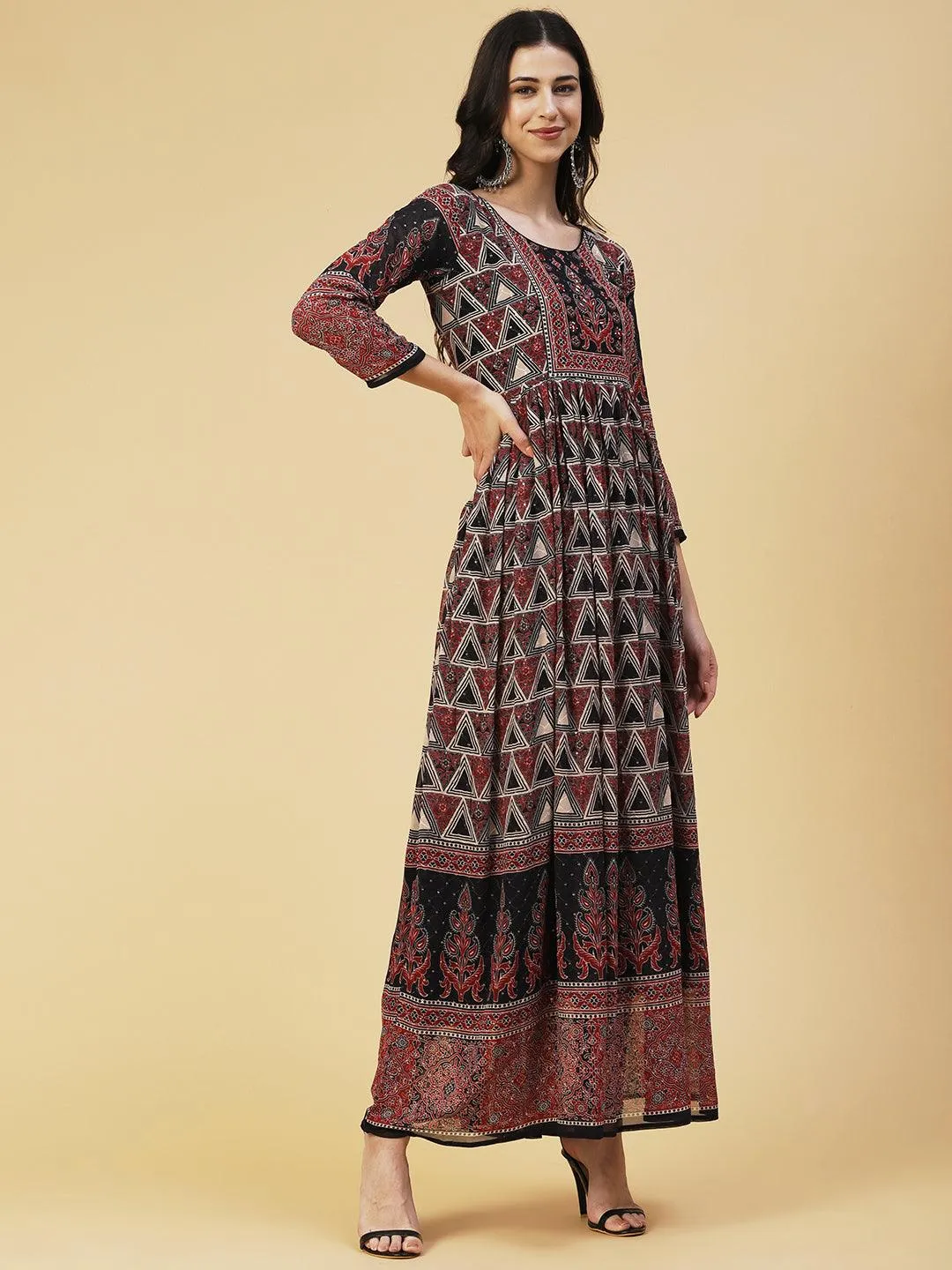 Ethnic Geometric Printed & Embroidered Fit & Flare Maxi Dress - Multi