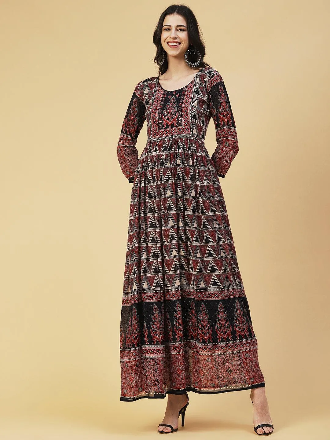 Ethnic Geometric Printed & Embroidered Fit & Flare Maxi Dress - Multi