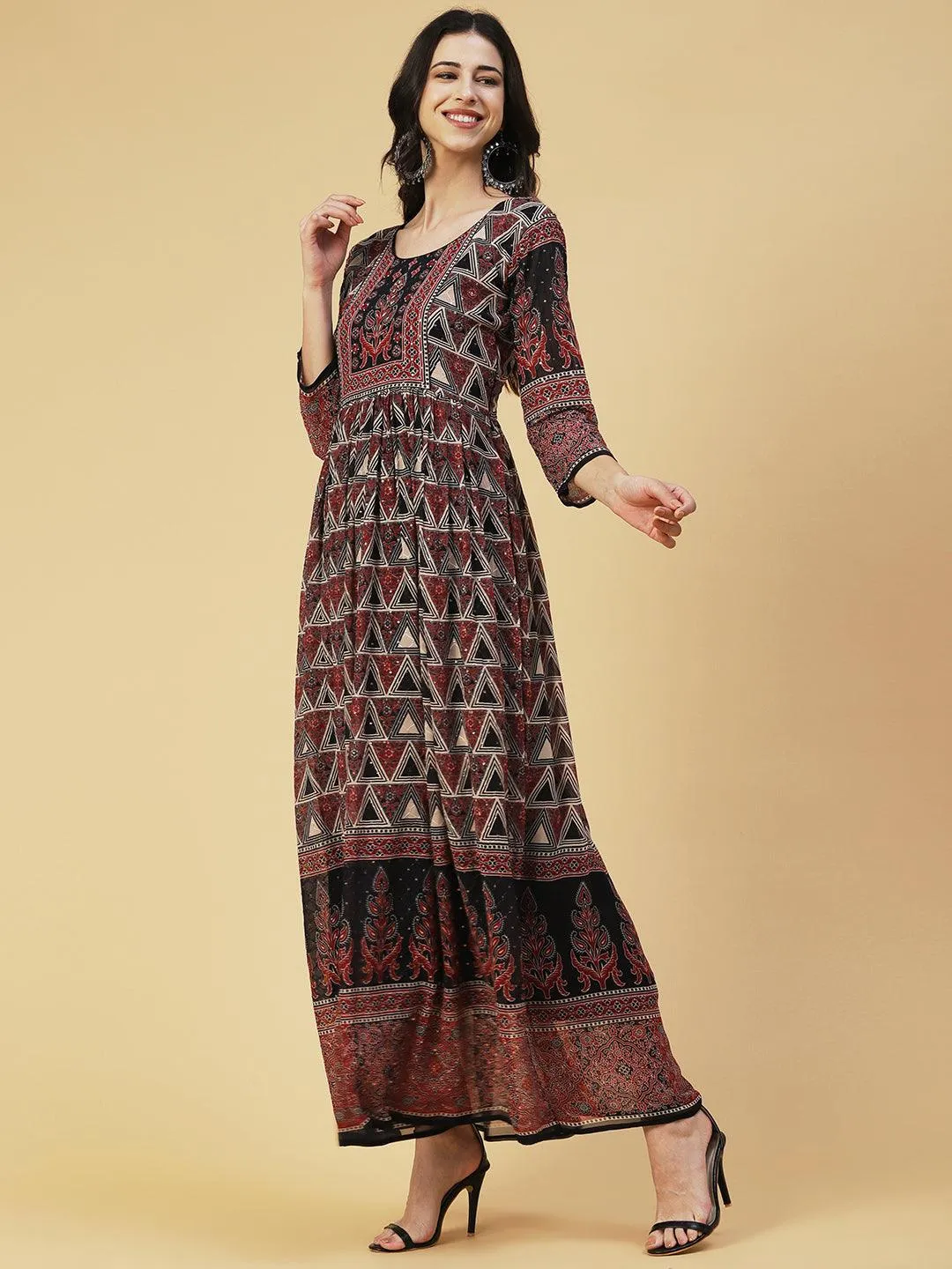 Ethnic Geometric Printed & Embroidered Fit & Flare Maxi Dress - Multi