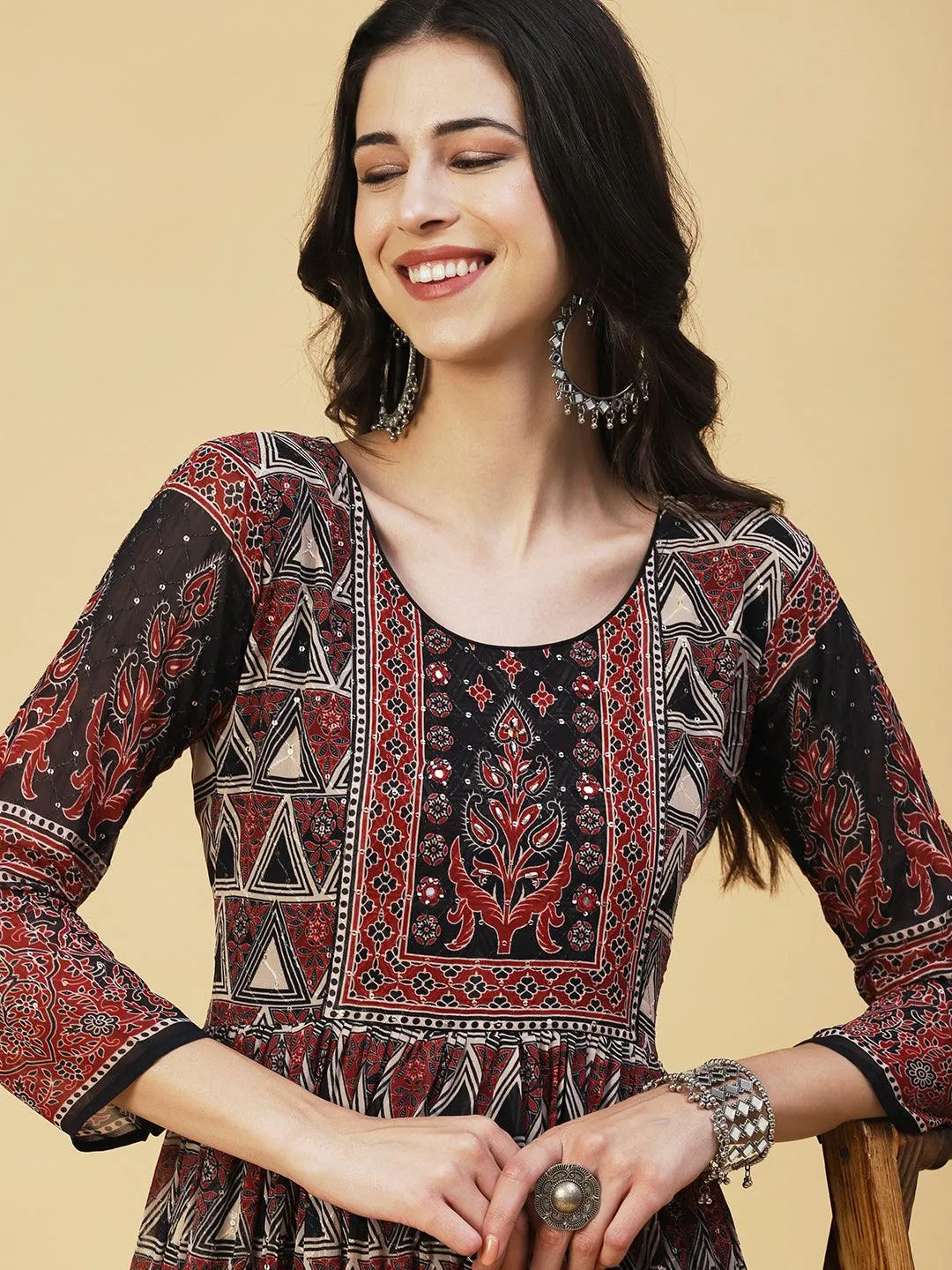 Ethnic Geometric Printed & Embroidered Fit & Flare Maxi Dress - Multi