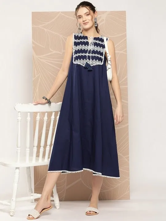 Ethnic Motifs Embroidered Cotton A-Line Midi Dress