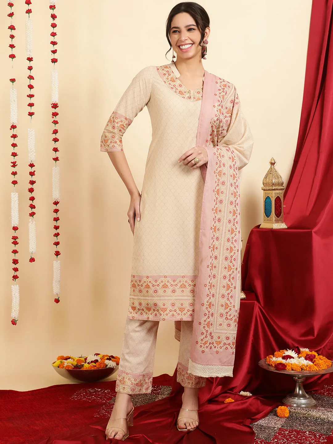 Ethnic Printed Maroon Cotton Straight Kurta With Pants And Dupatta