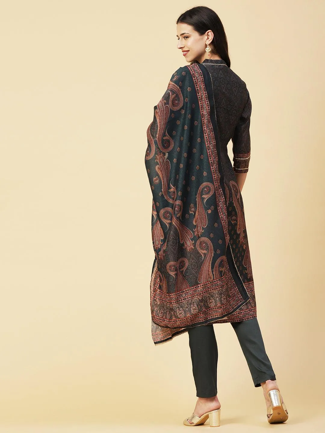 Ethnic Printed Mirror, Cutdana & Zari Embroidered Kurta With Pants & Dupatta - Dark Green