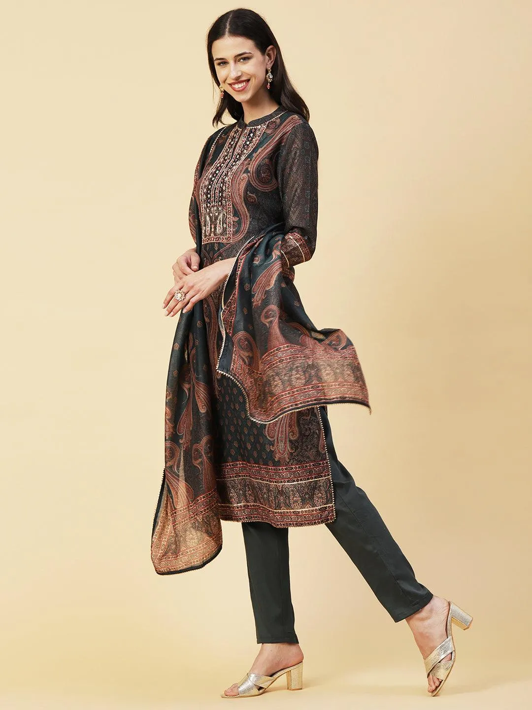 Ethnic Printed Mirror, Cutdana & Zari Embroidered Kurta With Pants & Dupatta - Dark Green