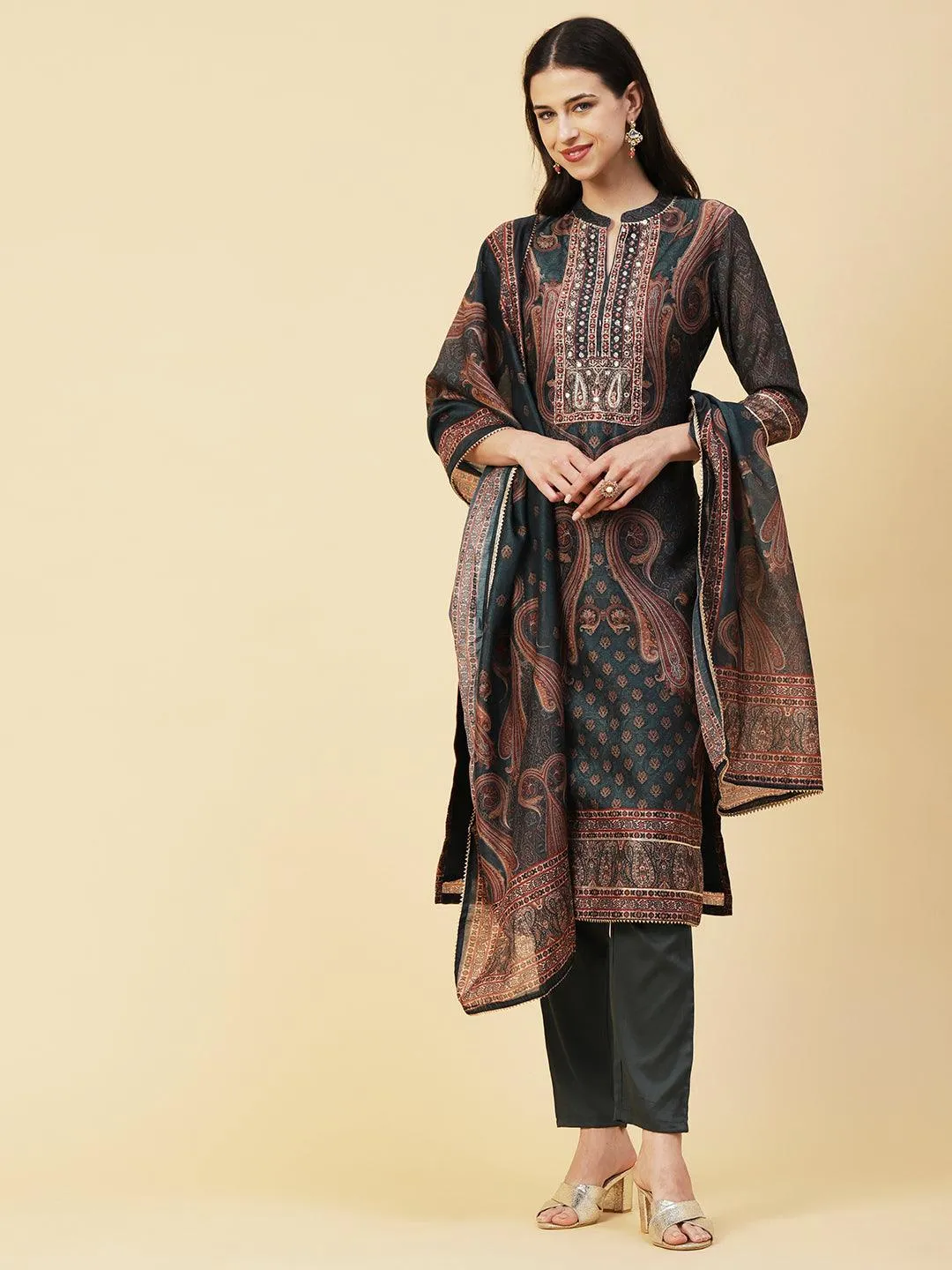 Ethnic Printed Mirror, Cutdana & Zari Embroidered Kurta With Pants & Dupatta - Dark Green