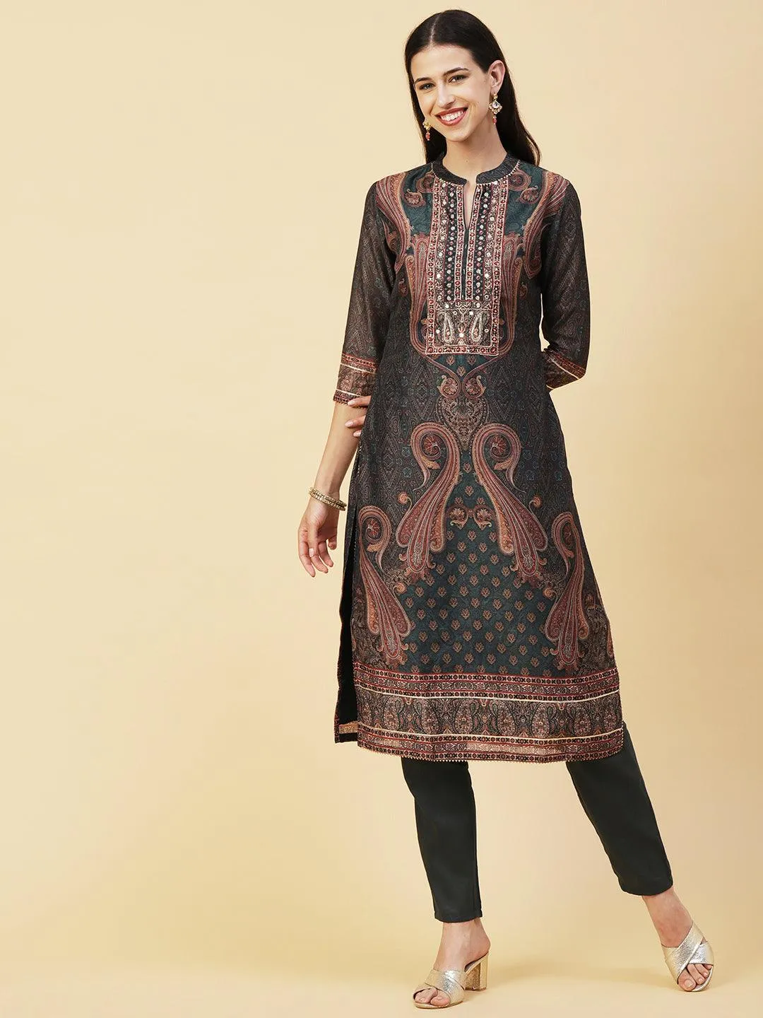 Ethnic Printed Mirror, Cutdana & Zari Embroidered Kurta With Pants & Dupatta - Dark Green