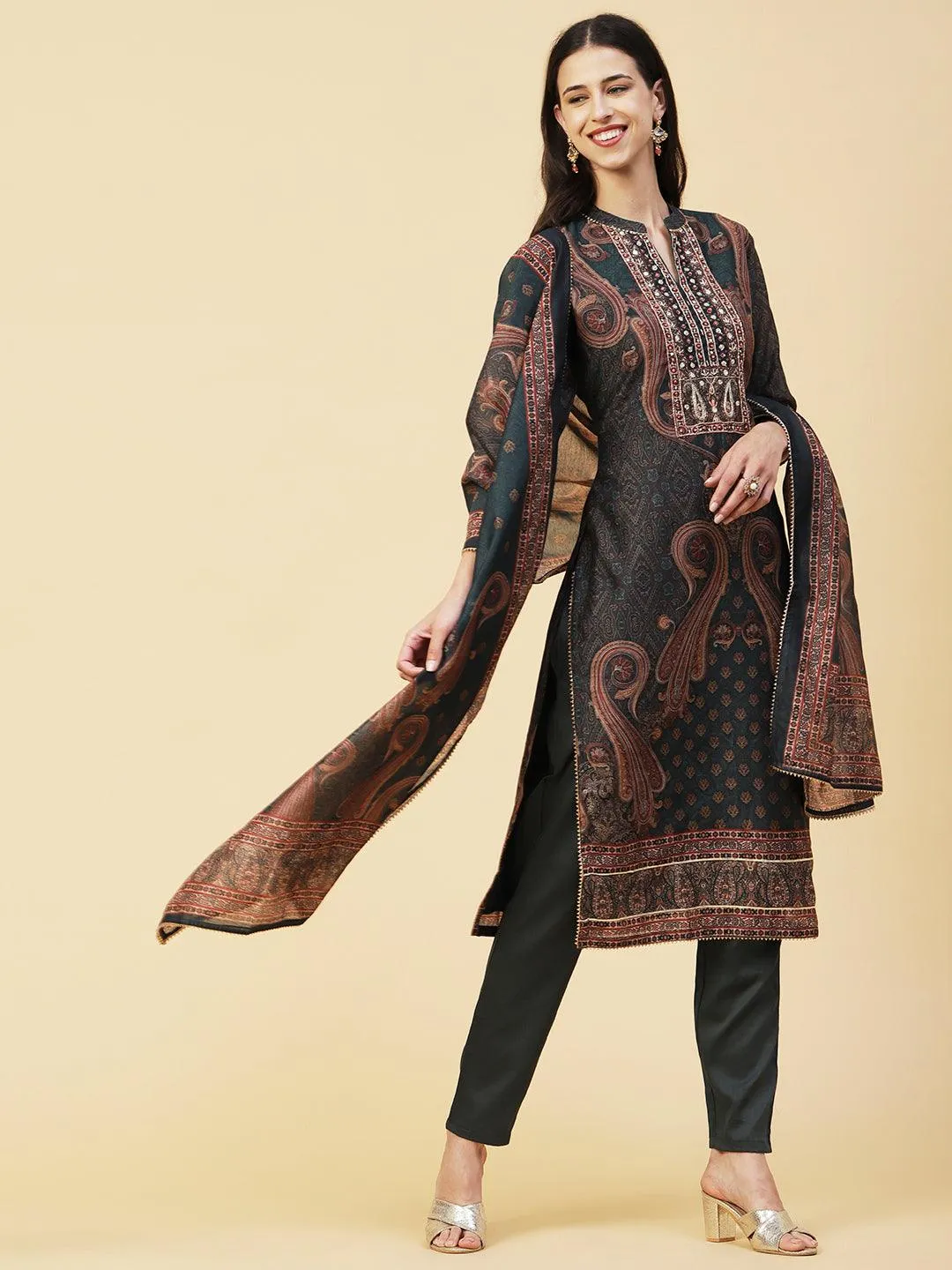 Ethnic Printed Mirror, Cutdana & Zari Embroidered Kurta With Pants & Dupatta - Dark Green