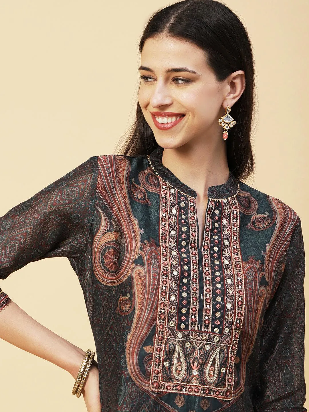 Ethnic Printed Mirror, Cutdana & Zari Embroidered Kurta With Pants & Dupatta - Dark Green