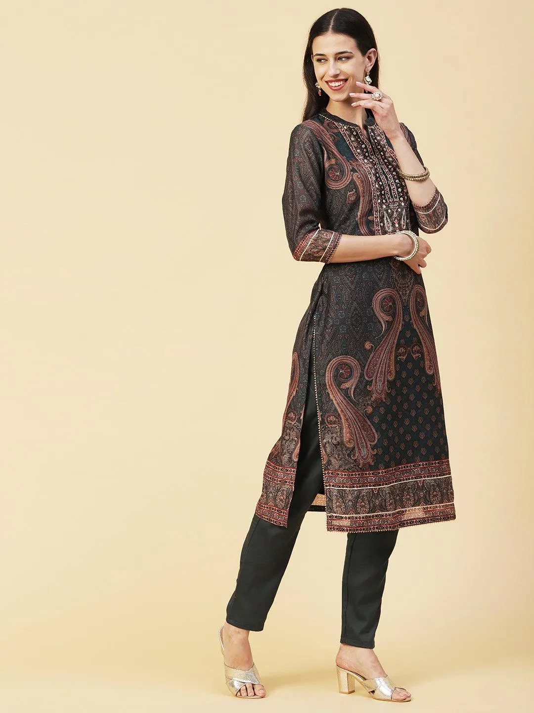 Ethnic Printed Mirror, Cutdana & Zari Embroidered Kurta With Pants & Dupatta - Dark Green