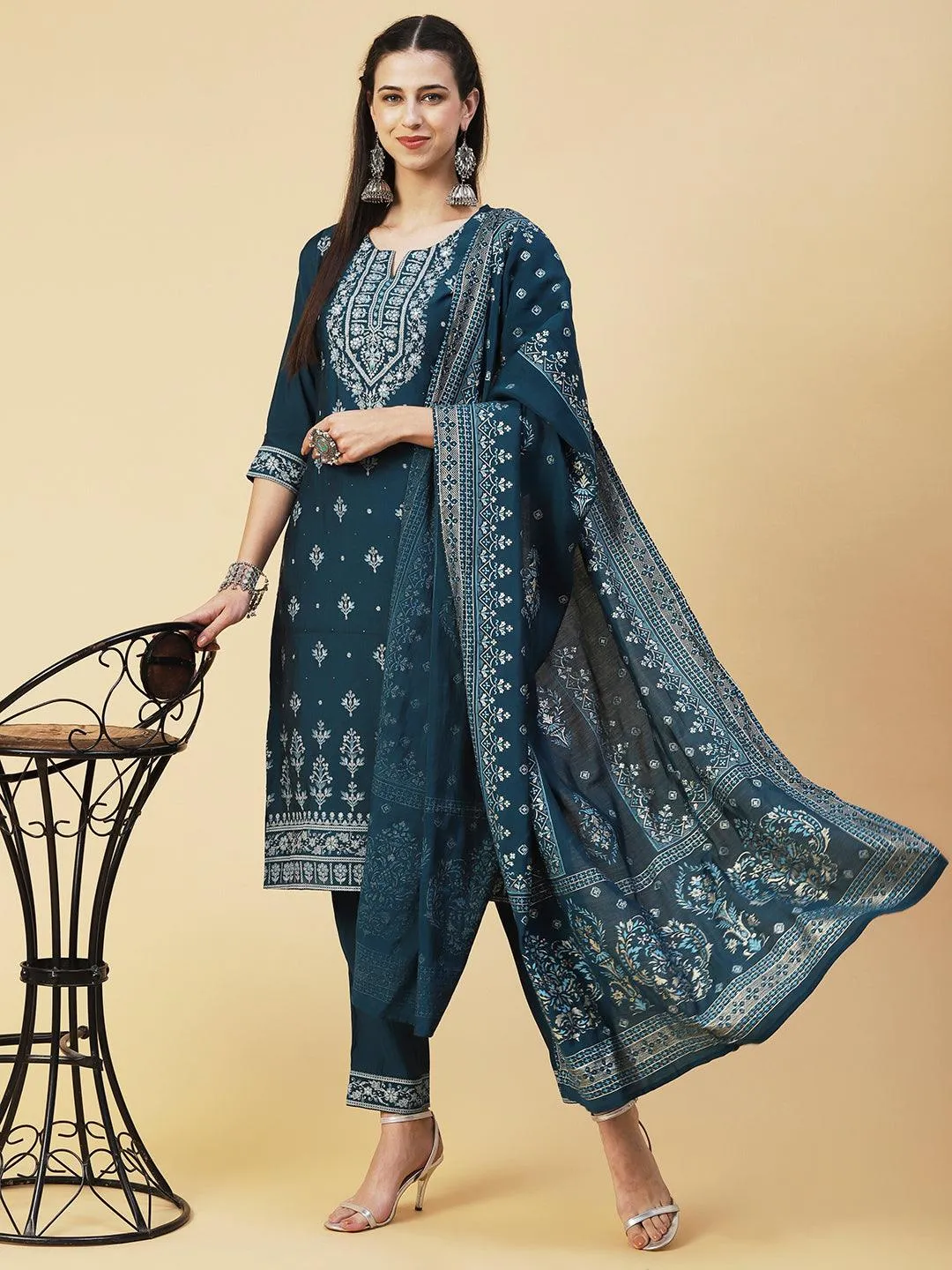 Ethnic Printed Resham Embroidered Kurta With Pants & Printed Dupatta - Teal