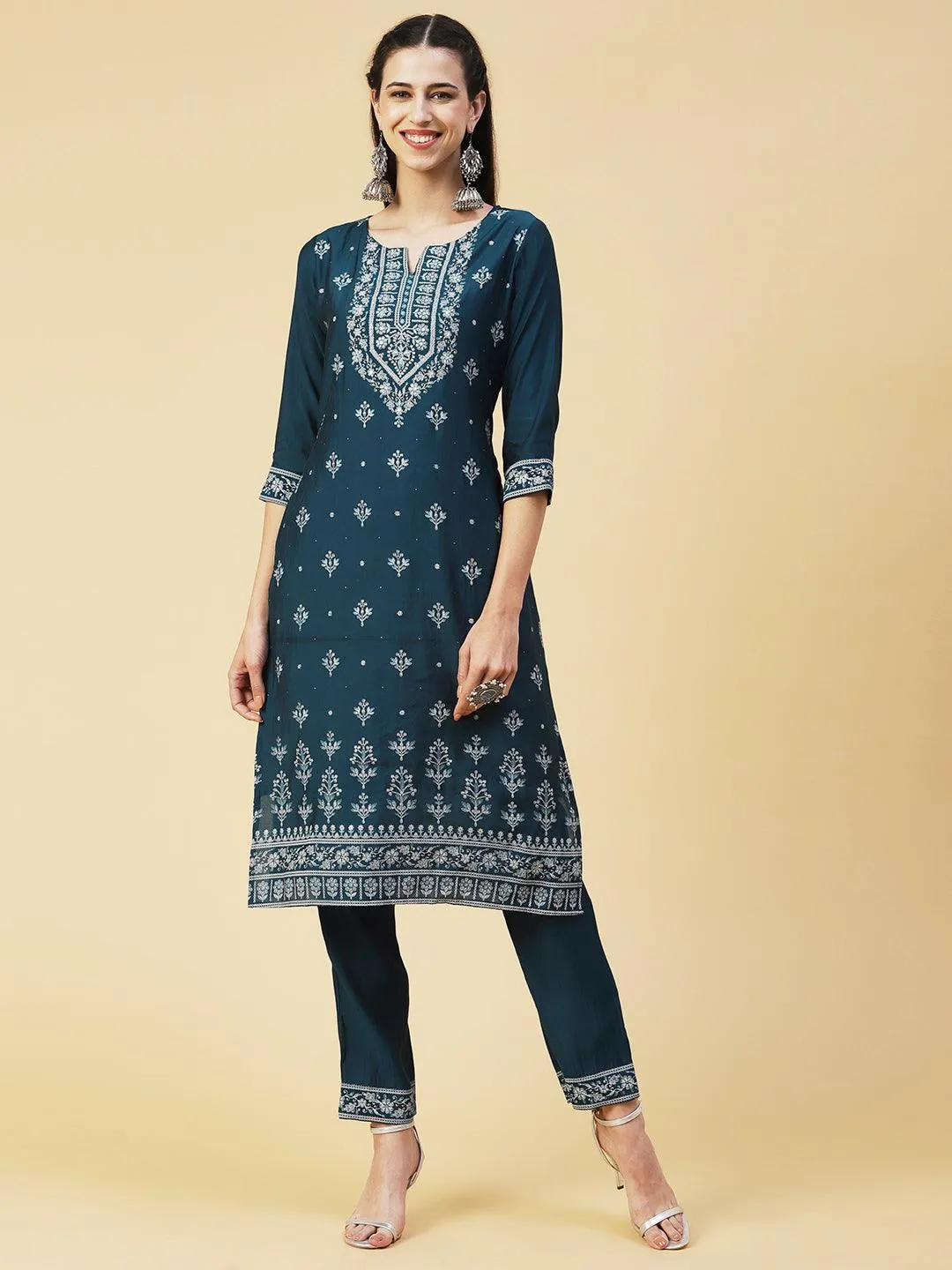 Ethnic Printed Resham Embroidered Kurta With Pants & Printed Dupatta - Teal