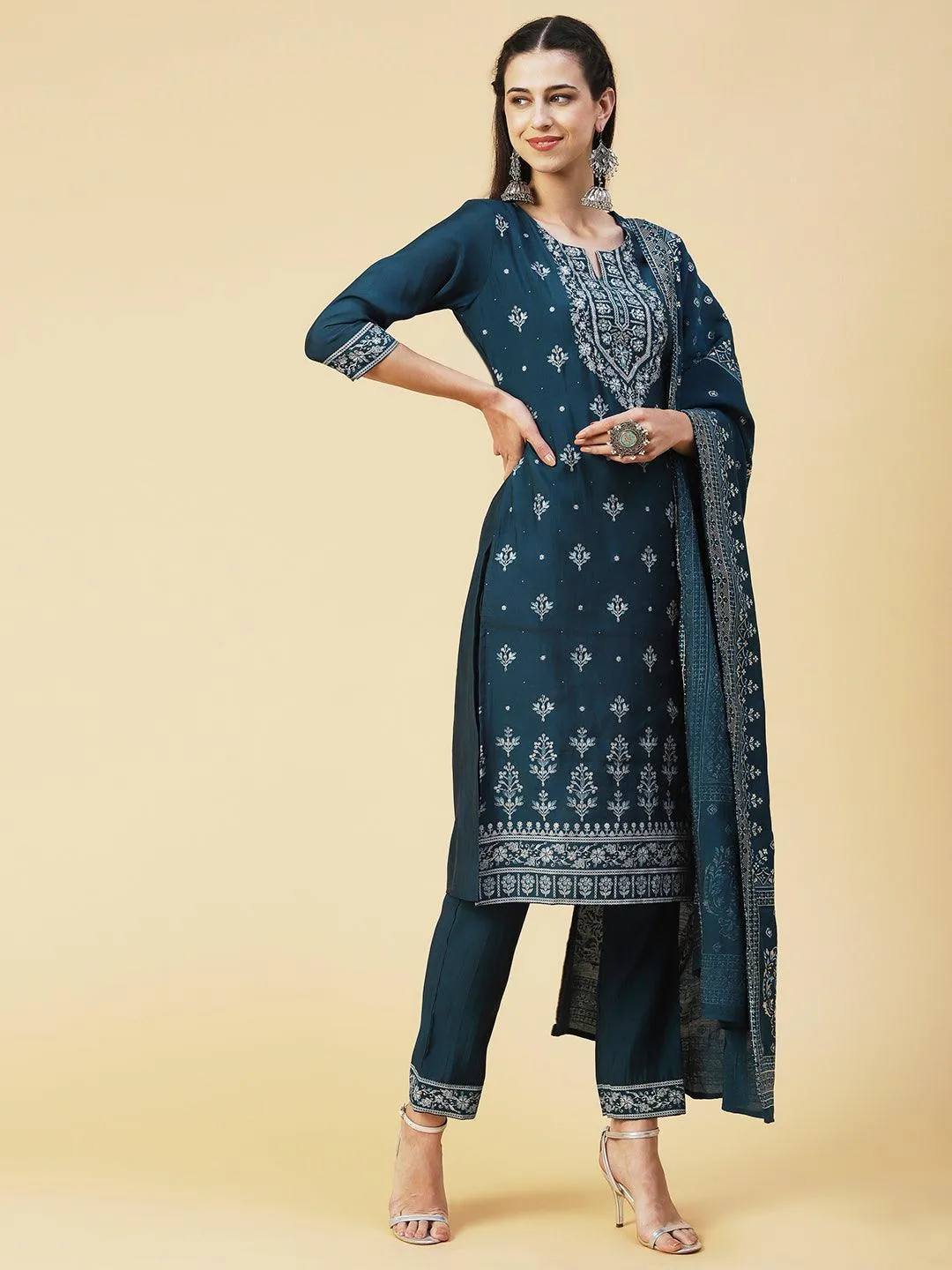 Ethnic Printed Resham Embroidered Kurta With Pants & Printed Dupatta - Teal