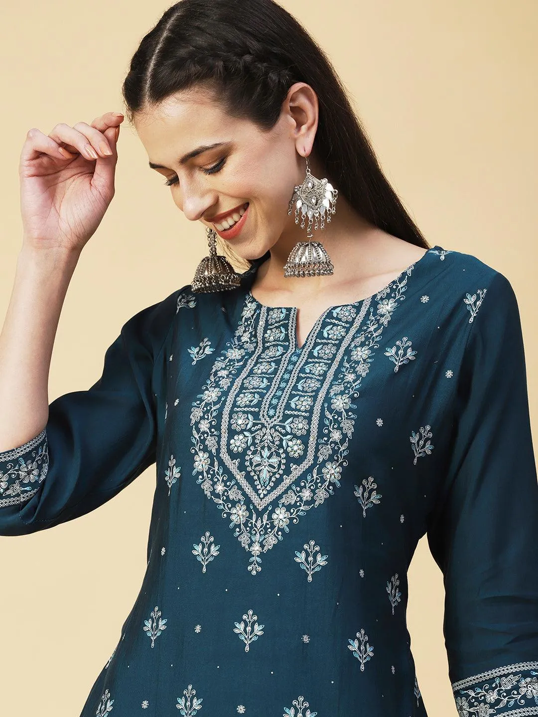 Ethnic Printed Resham Embroidered Kurta With Pants & Printed Dupatta - Teal