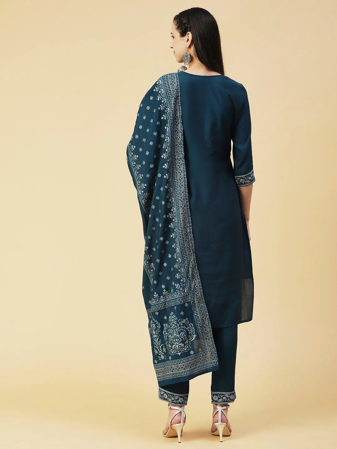 Ethnic Printed Resham Embroidered Kurta With Pants & Printed Dupatta - Teal