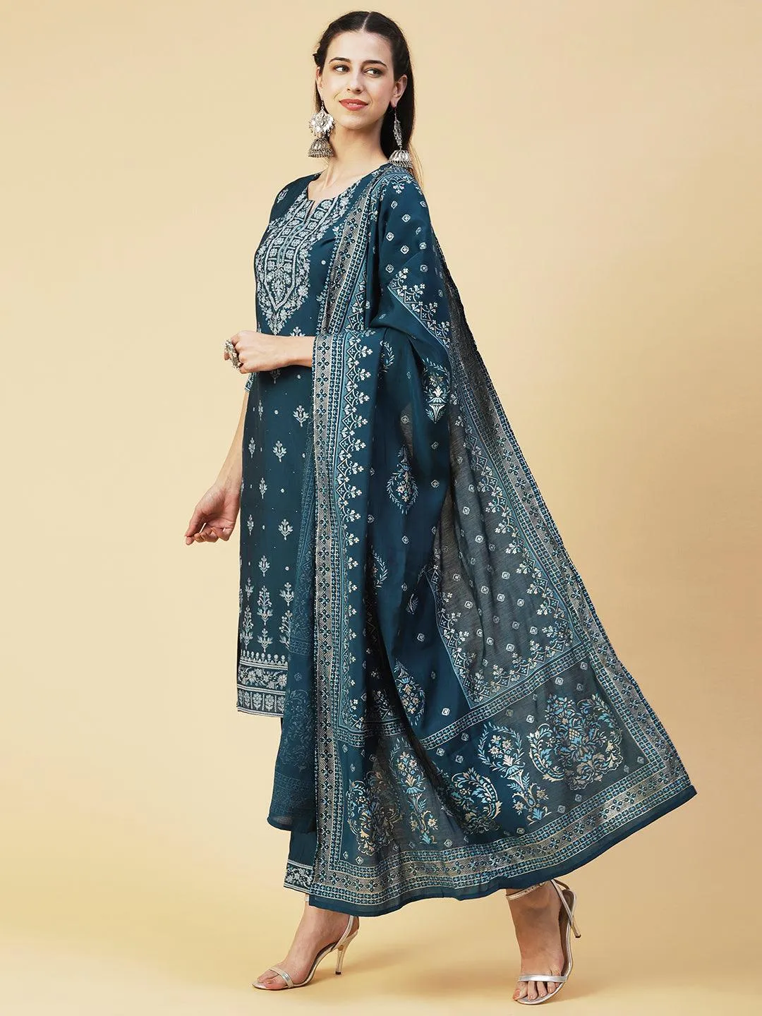 Ethnic Printed Resham Embroidered Kurta With Pants & Printed Dupatta - Teal